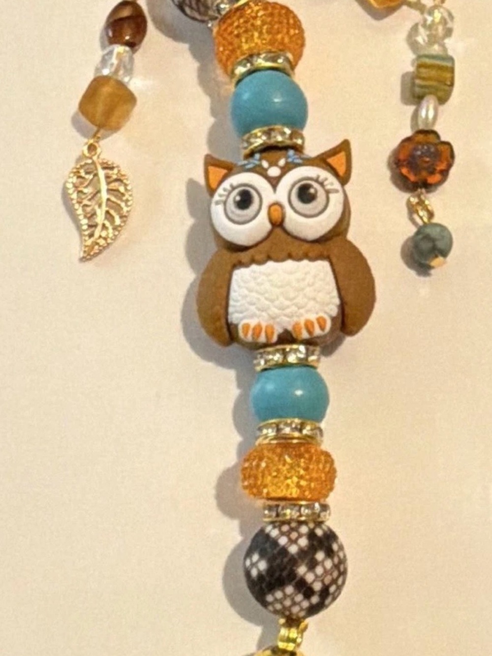 Cute Owl Pendant Beaded keychain charm - Brown & Turquoise